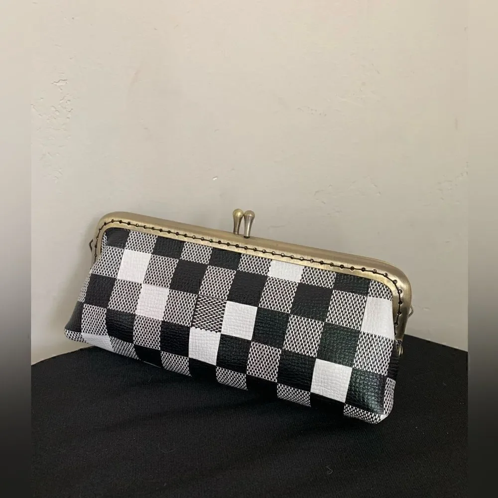 Handmade Genuine Leather Checker Embossed Kiss-lock  Small Clutch/Cosmetics Case